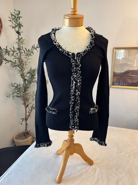 Cache Black Fitted Ribbed Fringe-Trim Cardigan Sweater with Dual Zipper, sz S
